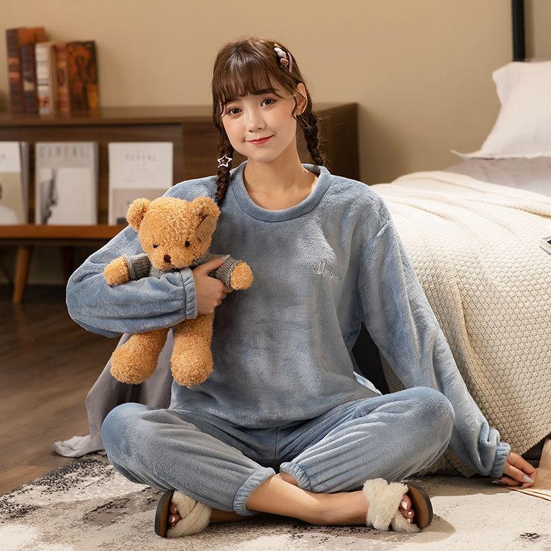 Winter Coral Fleece Women's Pajamas Keep Warm Cute Student Flannel Long Sleeves Can Be Worn Outside Home Clothes