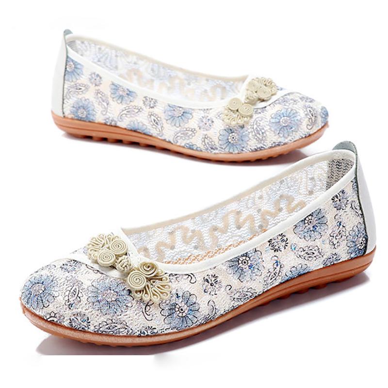 Spring and Summer Flat Mother Shoes National Style Old Beijing Cloth Shoes Women Middle-aged and Elderly Women's Net Shoes Breathable Net Yarn Shoes