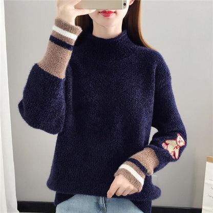 Autumn and Winter Mohair Knitted Sweater Loose Half High Neck Casual Bottoming Shirt Fashion Simple Women's Sweater