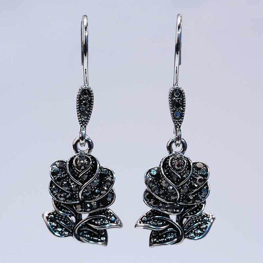 2 Kinds of Gothic Rose Shaped Black Zircon Dangle Earrings Vintage Carved Floral Hanging Earrings for Women Jewelry