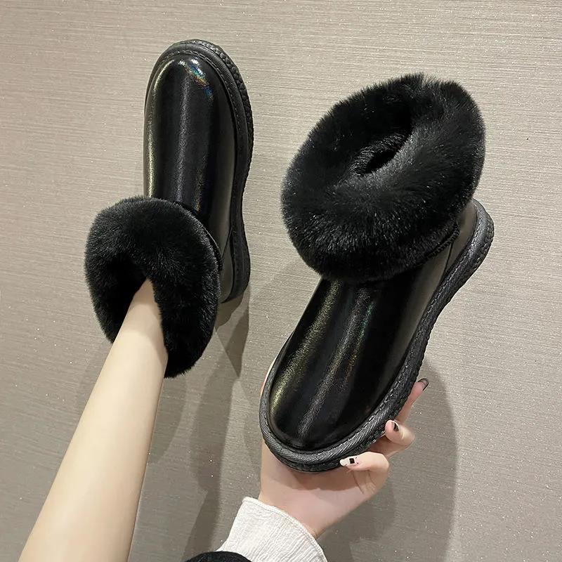 Snow Boots Women's Fur One-piece Waterproof Winter Plus Velvet Thickening Short Tube One Pedal Cotton Shoes
