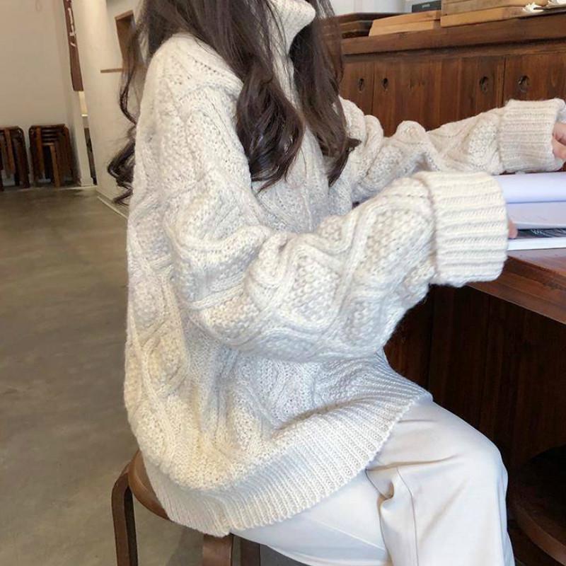 Pofulove Thick Solid Color Twist Turtleneck Sweater Schoolgirl Winter Warm Sweet Pullover Sweater Coat