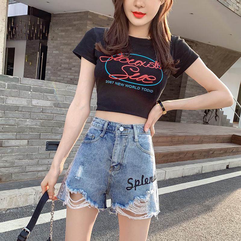 WTEMPO Summer Denim Shorts Children Students Loose High Waist Wide Legs Broken Holes Wild Thin Dress