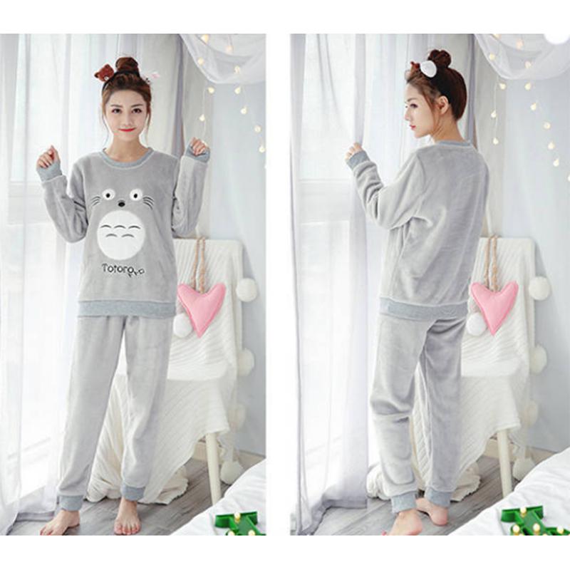 Women's Winter Coral Fleece Pajamas Set Thickened Velvet Sweet Cute Cartoon Printing Flannel Pyjamas Long-sleeved Homewear Suit Round Neck Sleepwear