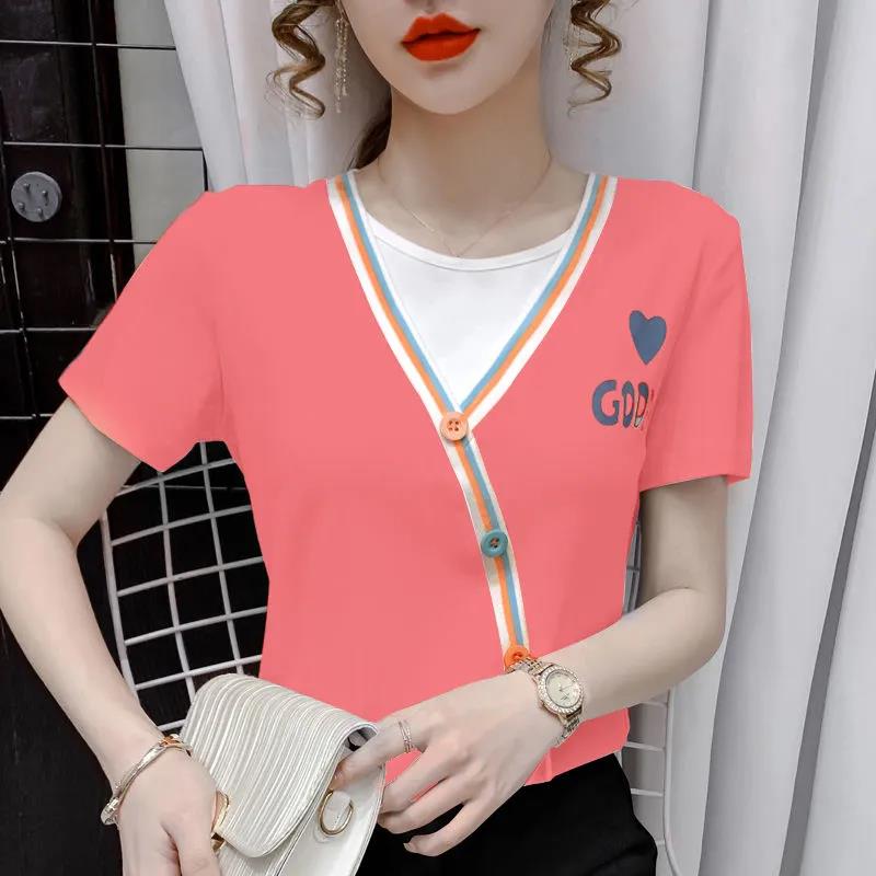 Women Fake Two Piece Pullover Summer Slim Shirt Casual Short Sleeve T-shirt British Style Top