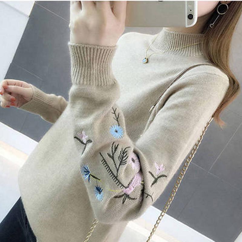 Women pullover Knitted Sleeve Turtleneck Lady yellow Embroidered  Sweaters Top  Loose  Sweater coat
