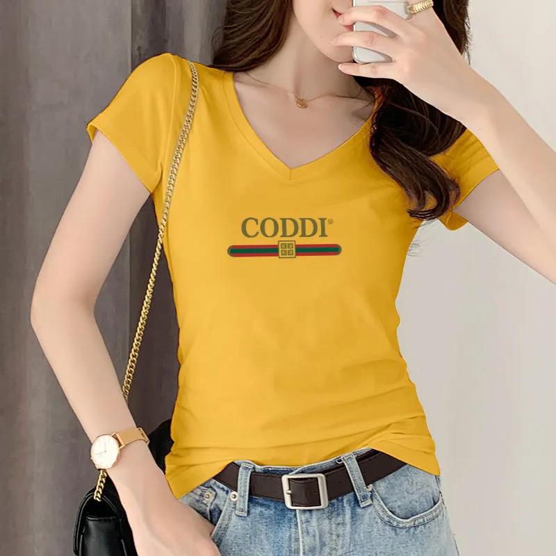 Short Sleeve Women's Black Slim Fit Cotton Print V-Neck Top Outer T-Shirt
