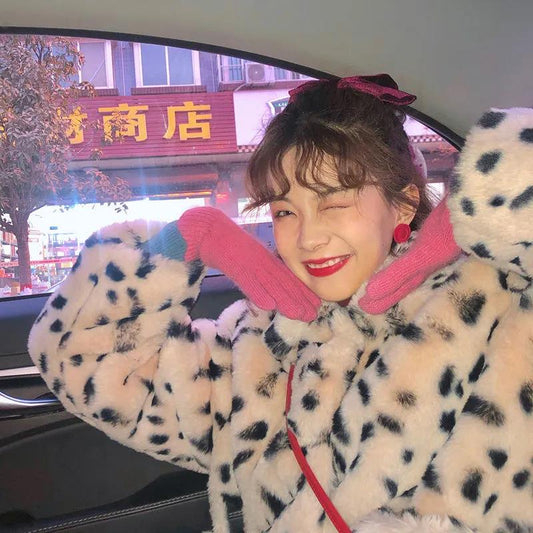 Autumn and Winter Women's Lapel Leopard Print Coat Fleece Fur Coat Thick Warm Faux Fur Coat Large Size Coat