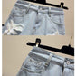 Embroidered Denim Shorts Women's Loose Ripped Wide Leg Large Size 150kg High Waist A-line Pants
