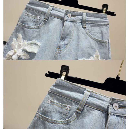 Embroidered Denim Shorts Women's Loose Ripped Wide Leg Large Size 150kg High Waist A-line Pants