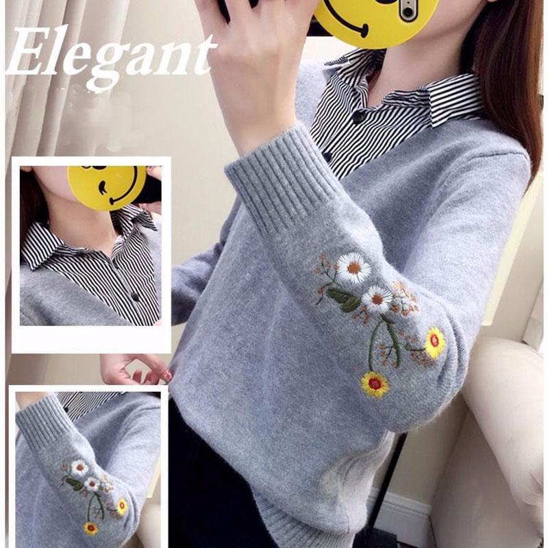 Autumn Winter women Sweater Korean Embroidered Lapel Stitching Fake Two-piece Blouse Loose Pullover Sweater for Students Office lady