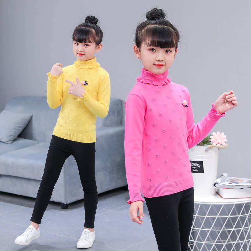 Girl Sweater Plus Velvet Thick Autumn and Winter Solid Color Set High Collar Long-sleeved Big Children's Knitting Shirt