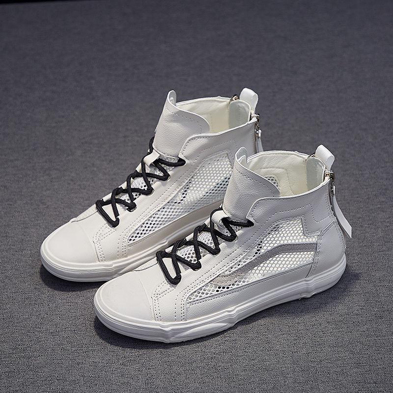 Leather White Shoes High Top 2020 Summer Mesh Breathable High Top Shoes Flat Bottom Wild Hollow Mesh Shoes