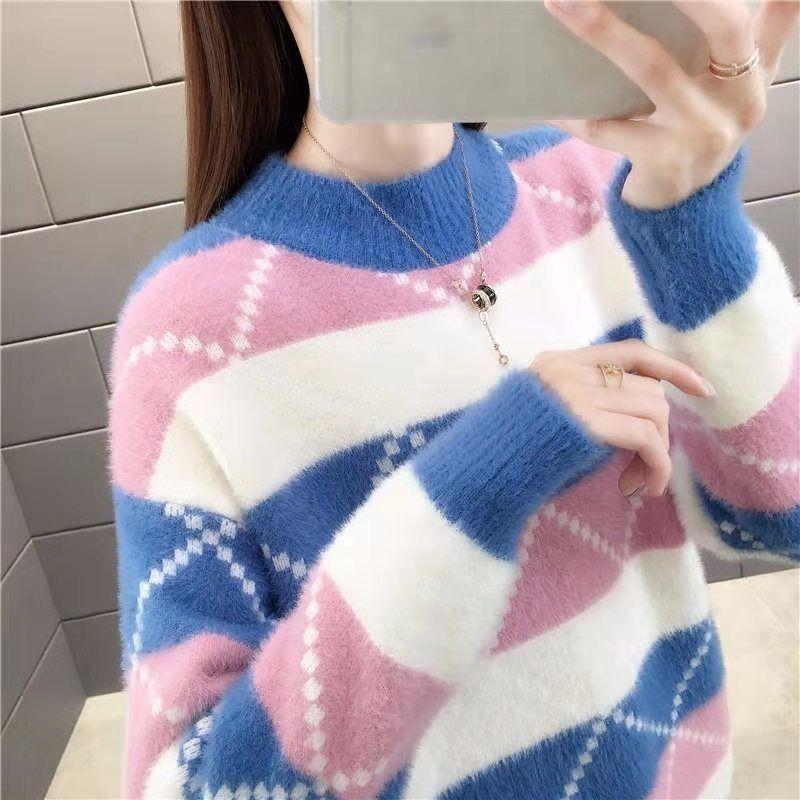 Non-shedding Semi-turtleneck Sweater To Keep Warm and Color Matching Mink Fleece Long-sleeved Knitted Bottoming Shirt