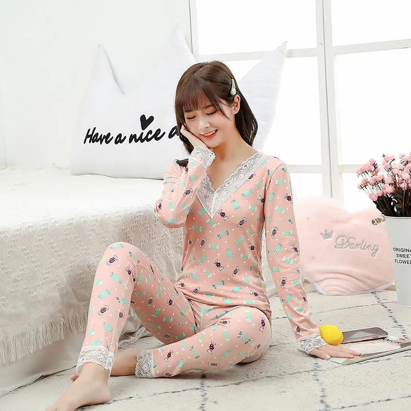 Qiuyi Long Trousers Women's Suit V-neck Round Neck Spring and Autumn Girls Students with Slim Bottoming Underwear Ladies Suit