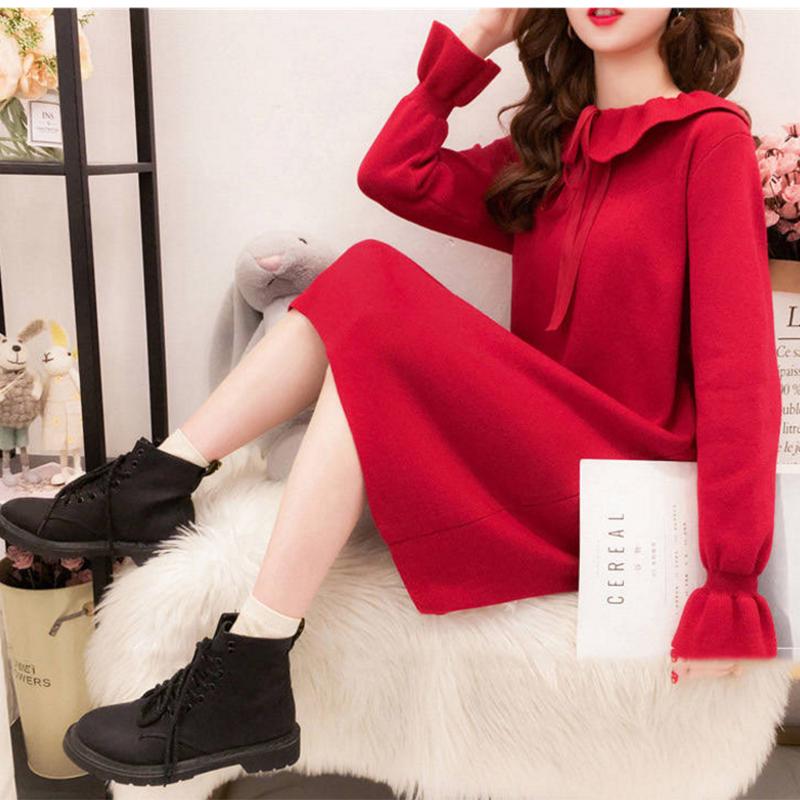 Pofulove Net Red Mid-length Loose Doll Collar Sweater Small Fresh Pretty Fairy Pullover Sweater