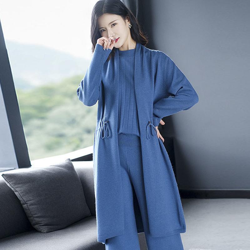 Three-piece Suit Women Knitted Cardigan Sweater Clothing Spring Autumn Wide-leg Pants Suits Casual Daily Clothes