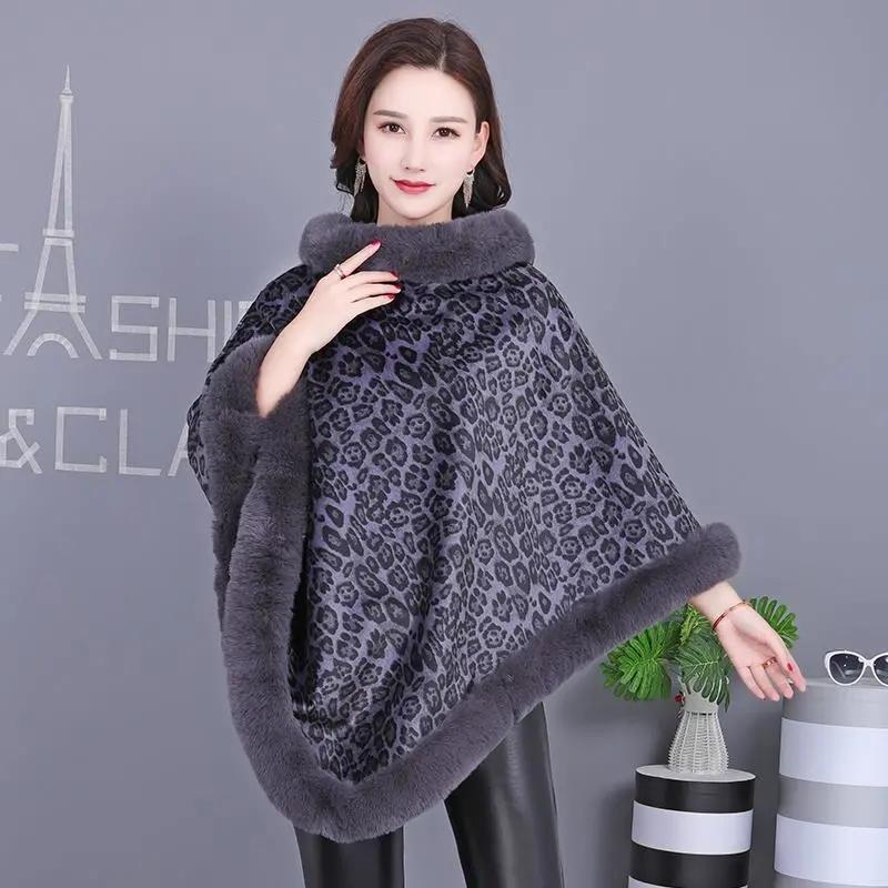 Women's Leopard Print Cape Shawl Autumn Winter Plus Velvet Thick Sleeveless Bat Blouse Jacket with Fur Collar Stand-up Collar Pullover Cloak Mantle