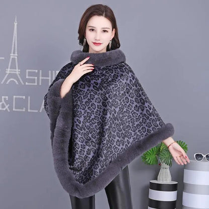 Women's Leopard Print Cape Shawl Autumn Winter Plus Velvet Thick Sleeveless Bat Blouse Jacket with Fur Collar Stand-up Collar Pullover Cloak Mantle