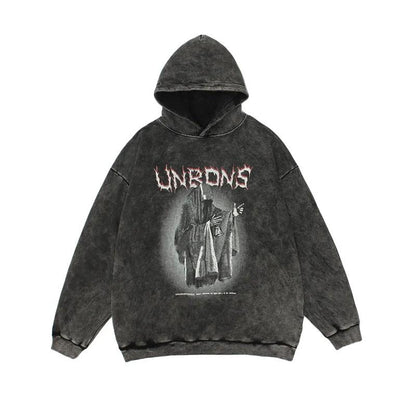 Women's Retro Dark Demon Print Hooded Sweater Student Personality High Street Washed Old Hiphop Loose Top Ladies Long-sleeved Pullover Sweater