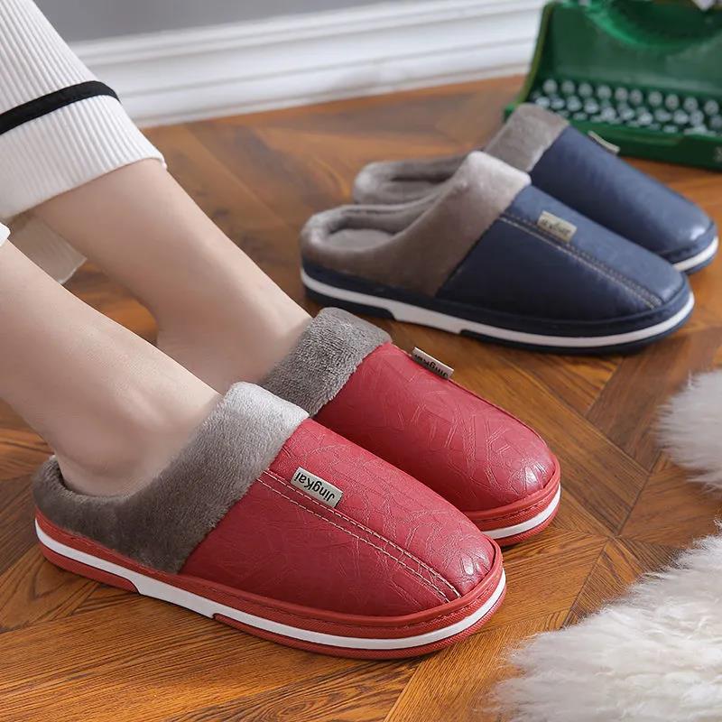 Women Unisex Winter Home Slippers Leather Waterproof Non Slip Slippers Plush Warm Indoor Flat Non-slip Slippers