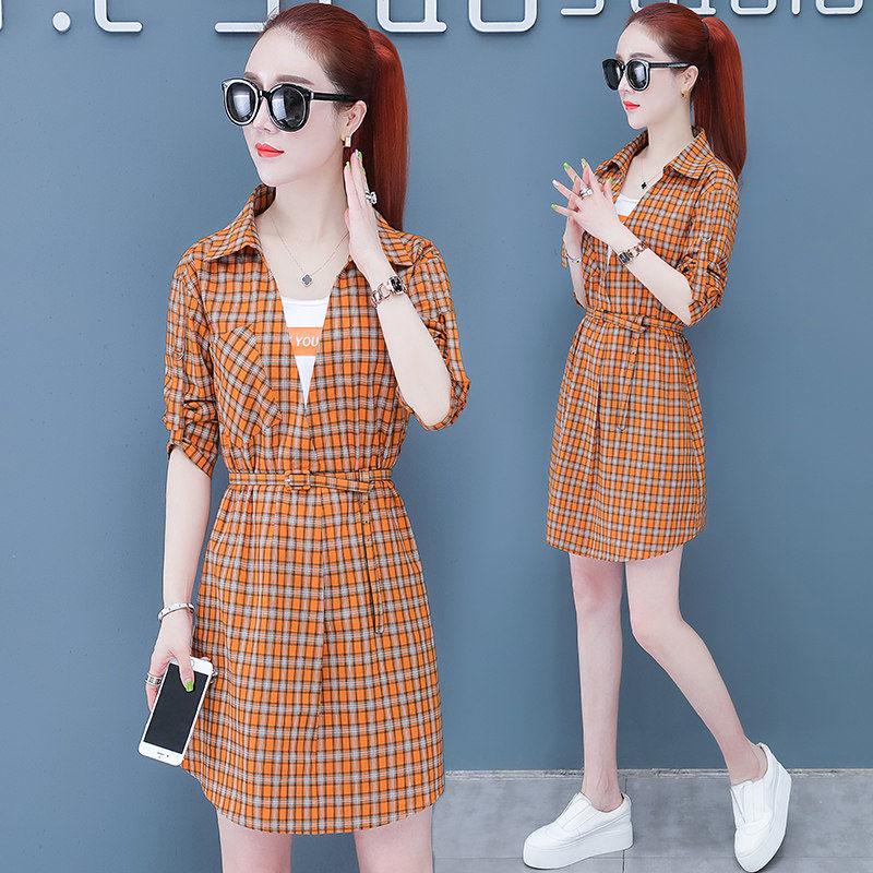Pofulove Summer dress plus size women's plaid dress slim short sleeve shirt dress with pocket
