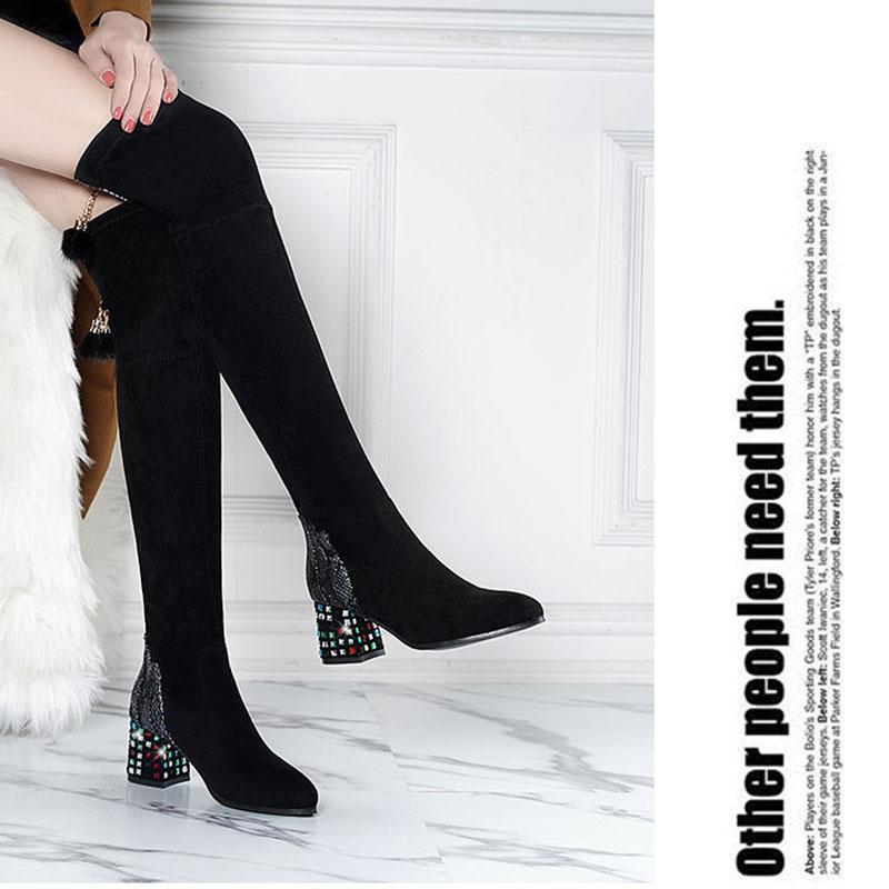 Women's Thick Heel Over Knee Boots High Heel Elastic  Boots Autumn  Winter Plus Fleece High Boots
