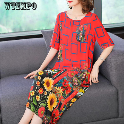 Wtempo Silk Dress Spring Summer Floral Print Women Silk Dress Loose Fashion Casual Dress Female