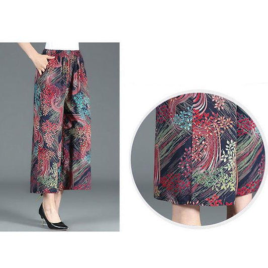 XL-4XL Spring High Waist Wide Leg Pants Summer Loose Large Size Thin Culottes Elastic Waist Printed Cropped Pants