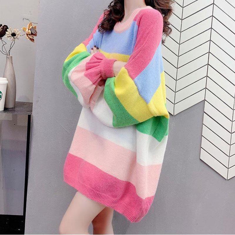 Girl Student Loose Jacket Round Neck Pullover Simple Sweater Rainbow Stripe Long Sleeve Fashion Top