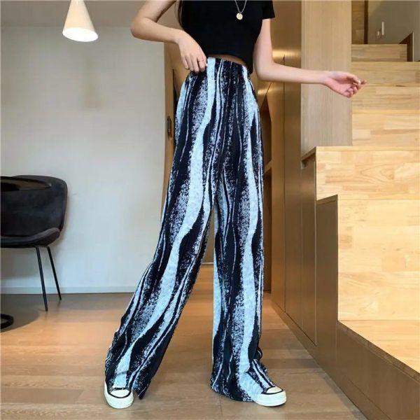 Women Vintage Thin Wide Leg Streetwear Pants Tie Dyed Pleated Straight Pants Loose Versatile Slim Long Pants