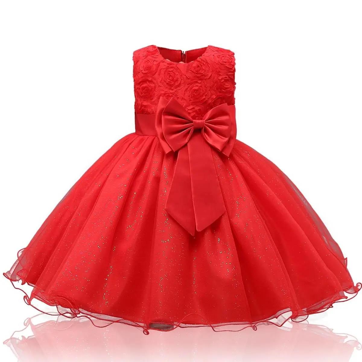 Girls Dress Net Gauze Tutu Skirt Rose Flower Bow Little Princess Birthday Show Dress