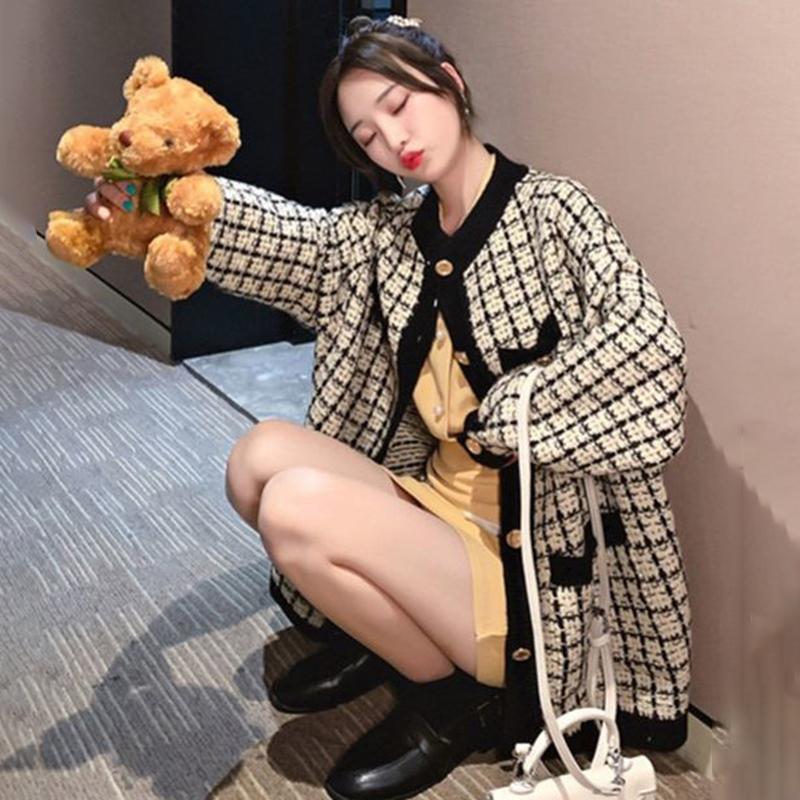 Sweater Jacket Women's Small Fragrance Knit Cardigan Houndstooth Low Round Neck Loose Temperament Women's Casual Warm Jacket