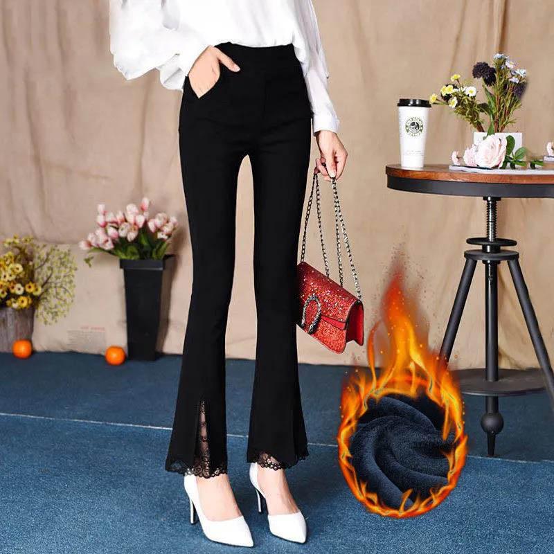 Autumn and Winter Thick Lace Flared Leggings Women's Stretch Outer Wear Plus Velvet Thick Slim Nine-point Mother Trousers