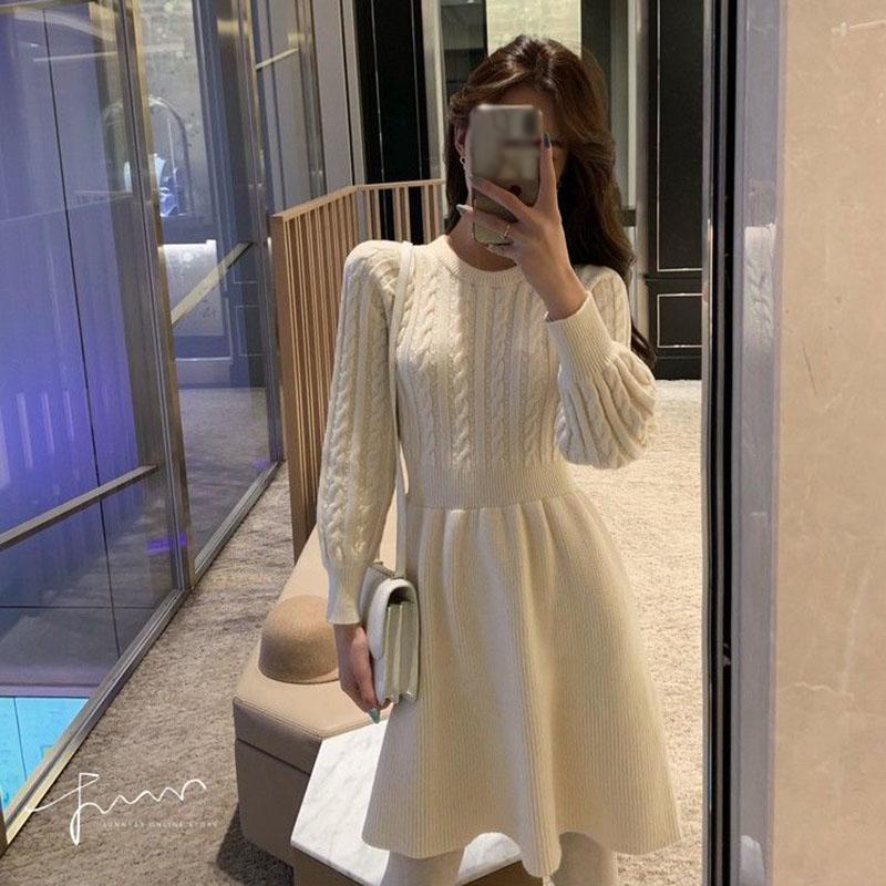 Autumn and Winter Slim Round Neck Sweater Dress Fashion Knitted Dress Solid Color Casual Women A-line Dress