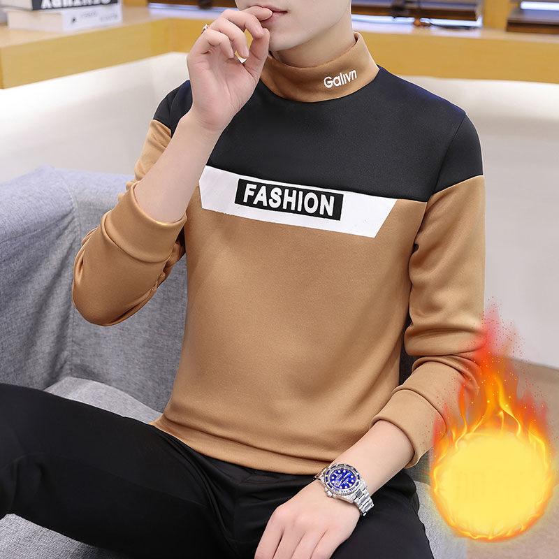 Long-sleeved T-shirt Winter Plus Velvet Thick Stitching Mid-high Collar Sweater Men's Loose Bottoming Shirt Jacket