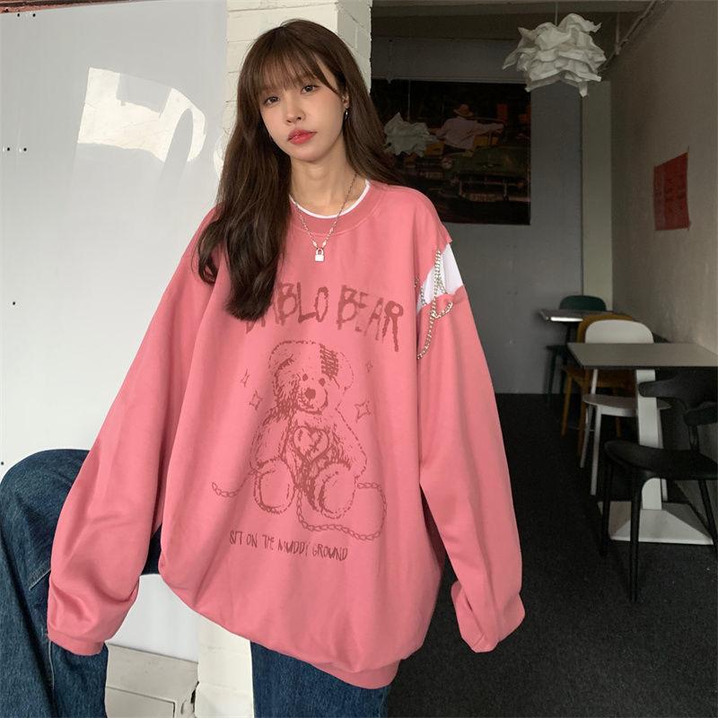 Women Hoodies Bear Graffiti Pullover Sweatshirt Oversized Streetwear Hip Hop Tracksuit Fashion Harajuku Pink Women Top Clothes