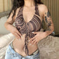 Printed Pleated  Lace-up Halter Neck Vest Women's Summer Sexy Beauty Back Crop Top Beaded Strap Camisole Sleeveless Beach Wear Cool Steetwear Top