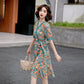 Women's Summer Floral Chiffon Dress V-neck Mid-length Skirt