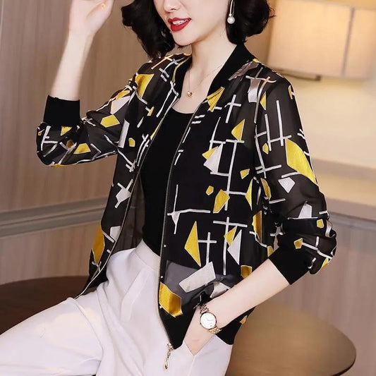 Long Sleeve Jacket Summer Women's Loose Jacket Casual Sunscreen Thin Print Baseball Uniform Elegant Mesh Thin Jacket All Match Short Jackets
