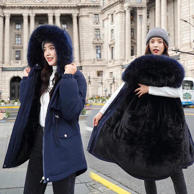 Mid-length Down Jacket To Overcome The Korean Version of Loose Plus Velvet Thickened Large Fur Collar Tooling Jacket