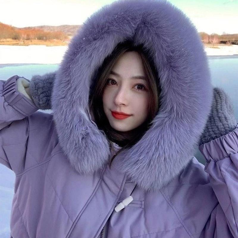 Purple Down Jacket Women Clearance Large Fur Collar Over The Knee Super Long Thickening