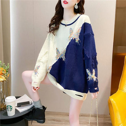 Autumn and Winter Loose Round Neck Bottoming Shirt Pullover Casual Knitted Jacket Hit Color All-match Female Sweater