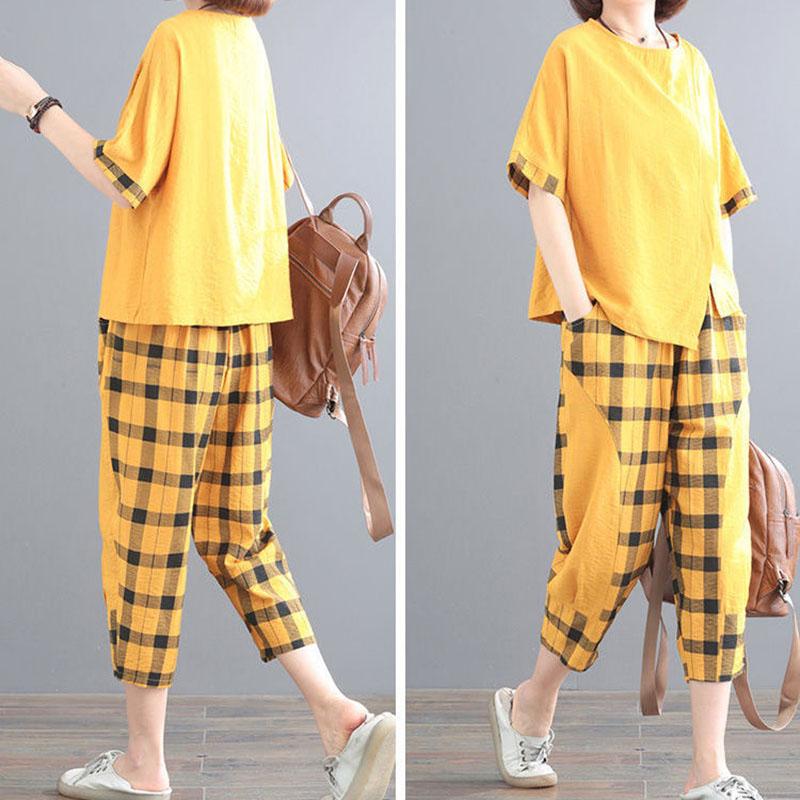 Suit Summer Plaid Casual Suit Loose Large Size Was Thin Two-piece Casual Suit Home Service Fabric Light and Breathable Sweat-absorbent