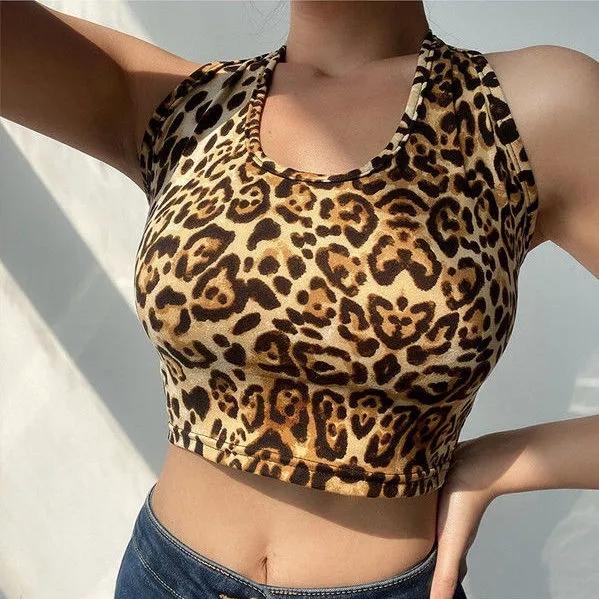 European and American Style Short Top Leopard Print Halter Camisole Women's Large Size High Waist Backless Tube Top
