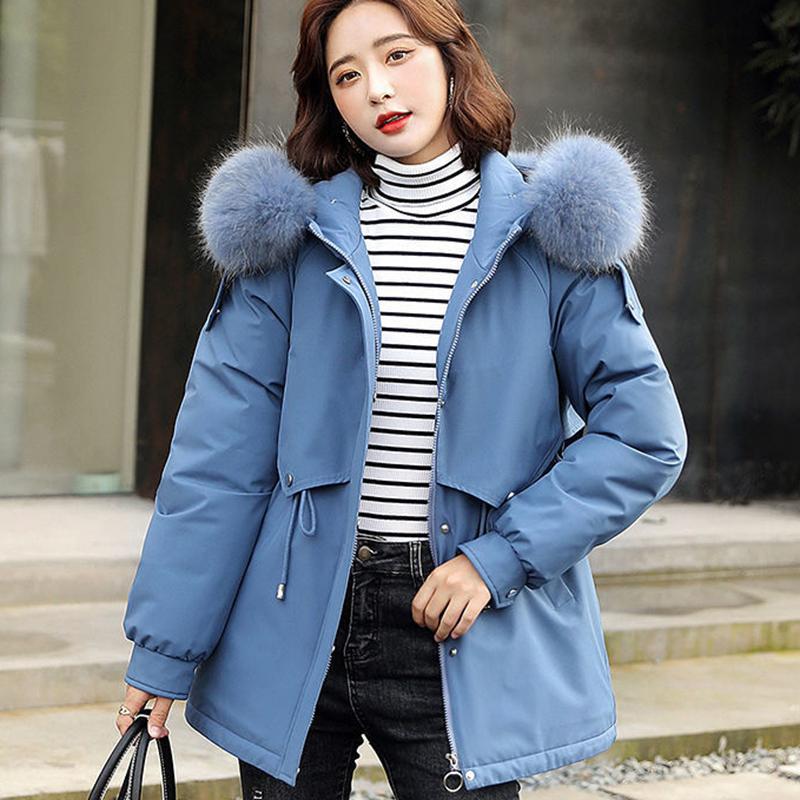 Women's Solid Color Hooded Down Jacket Regular Korean Loose Thick Coat Warm Cotton Coat Large Leather Collar Winter Coat Quilted Coat