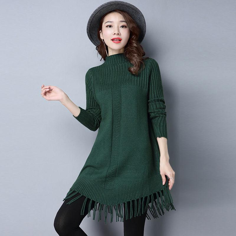 Pofulove Women Long Sweater Dress Long Section Turtleneck Tassel Pullover Base Knitted Blouse