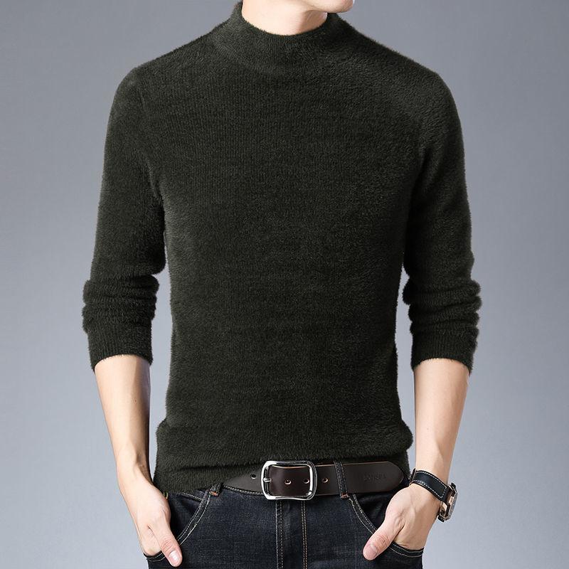Men's Sweater Half High Neck Round Neck Casual Autumn and Winter Plus Velvet Thick Warm Knitted Bottoming Shirt