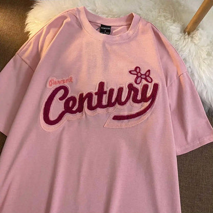 Plush embroidered Polyester Women's Summer round collar  Tees Loose Breathable  Simple Short Sleeve Harajuku all-match Cartoons style T Shirt Tops