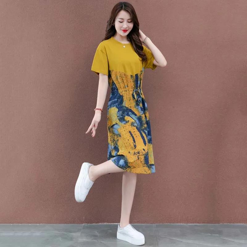 Fashion Summer Maxi Dress Women's Printed Sundress Casual Short Sleeve Female High Waist Robe